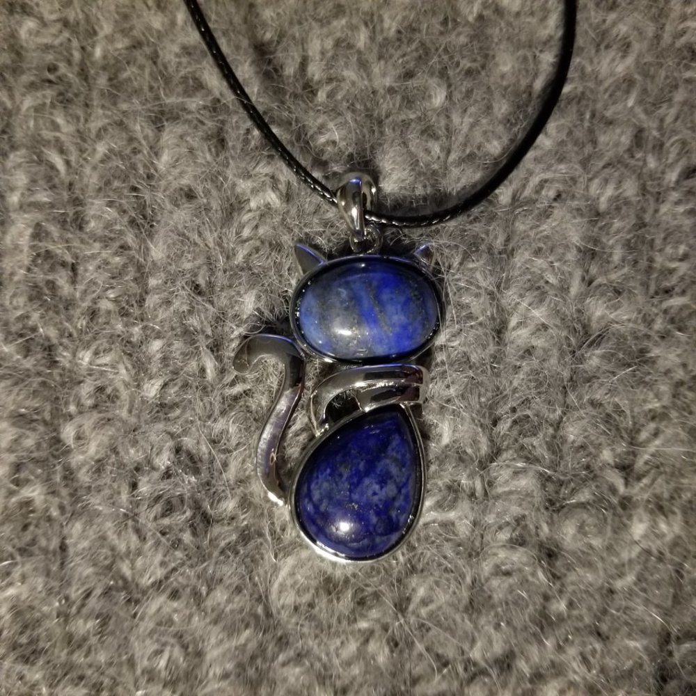 COPY - NWOT, lapis lazuli gemstone cat pendant, silver plate, artisan, unisex
